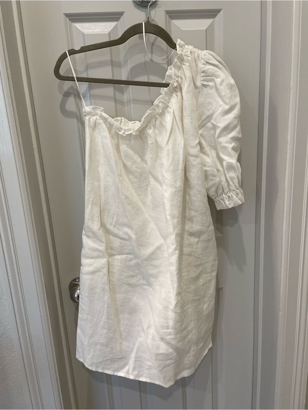 Sophie Rue One-Shoulder Ruffle Linen Dress in White